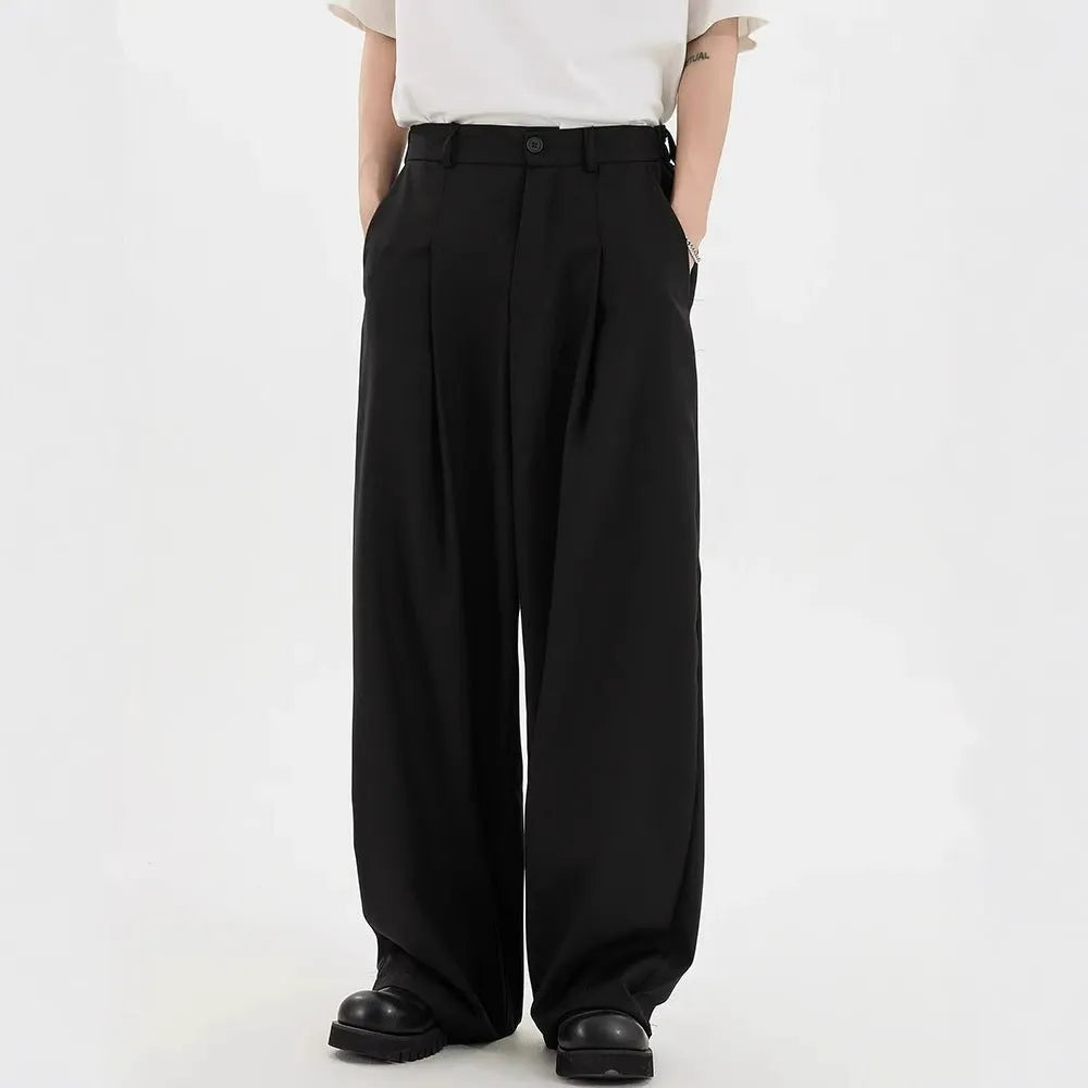 Men's straight casual trousers in black, loose fit, front view, polyester blend fabric