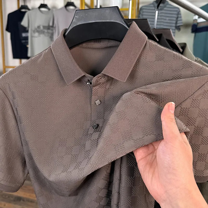 Rhombus thin Ice Silk short sleeve T-shirt in black, showing slit detail and fabric texture.