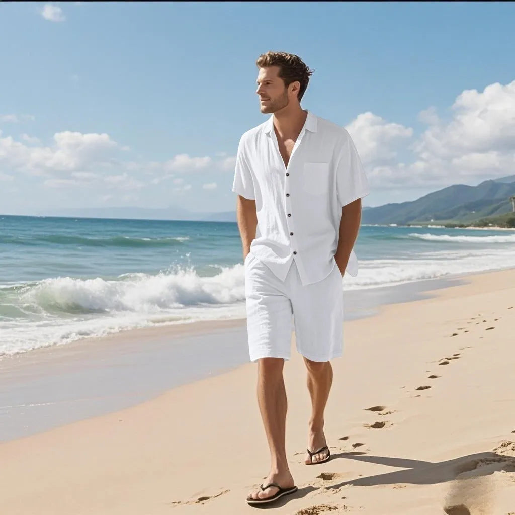 Man's light blue linen blend short-sleeve shirt and matching shorts casual beach set.