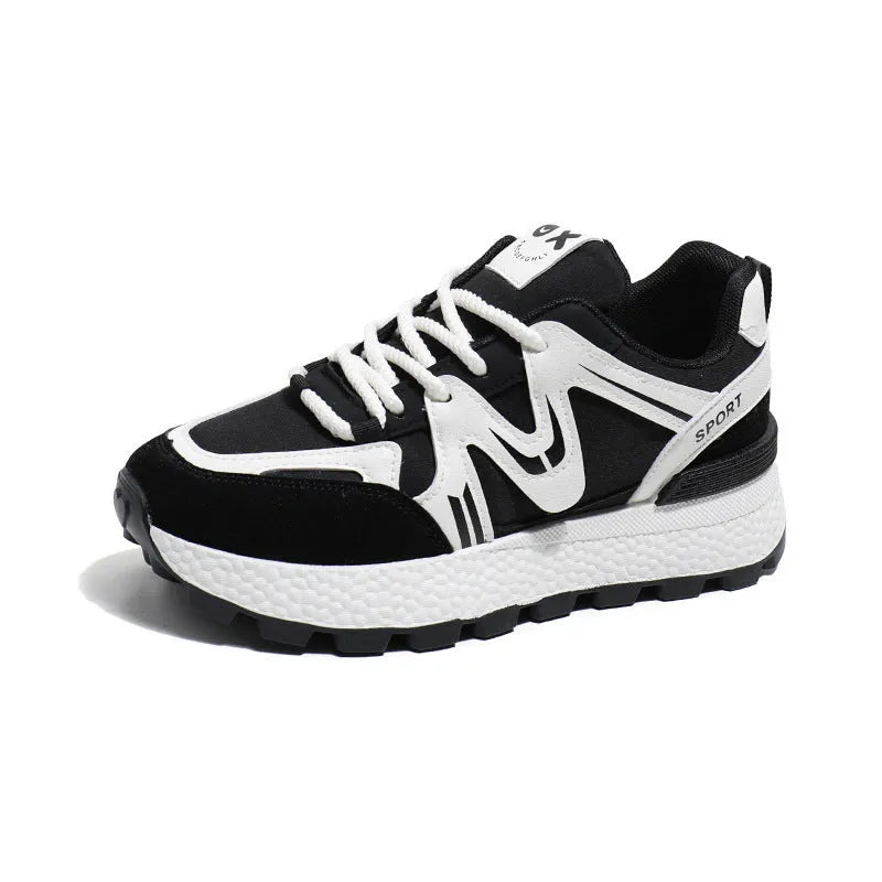 Women's black lace-up platform casual sports shoes with round toe and flat heel.