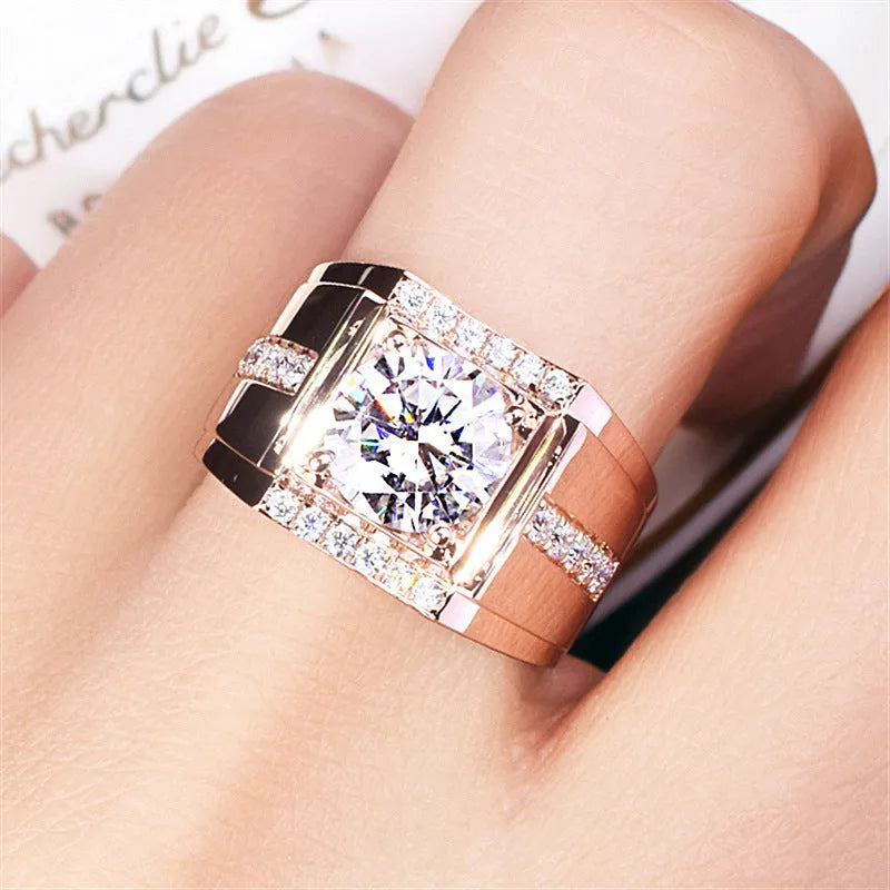 Men's geometric adjustable copper ring with high-carbon diamond zircon stones in an electroplated finish.