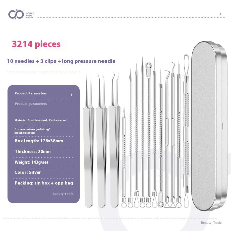 Four silver metal acne needles with pointed tips for skincare extraction.