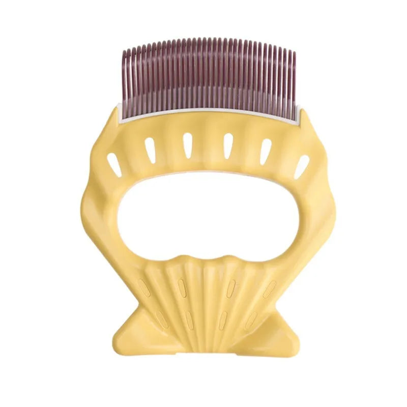 Shell-shaped plastic pet grooming comb with bent wire bristles and anti-slip handle in assorted colours.