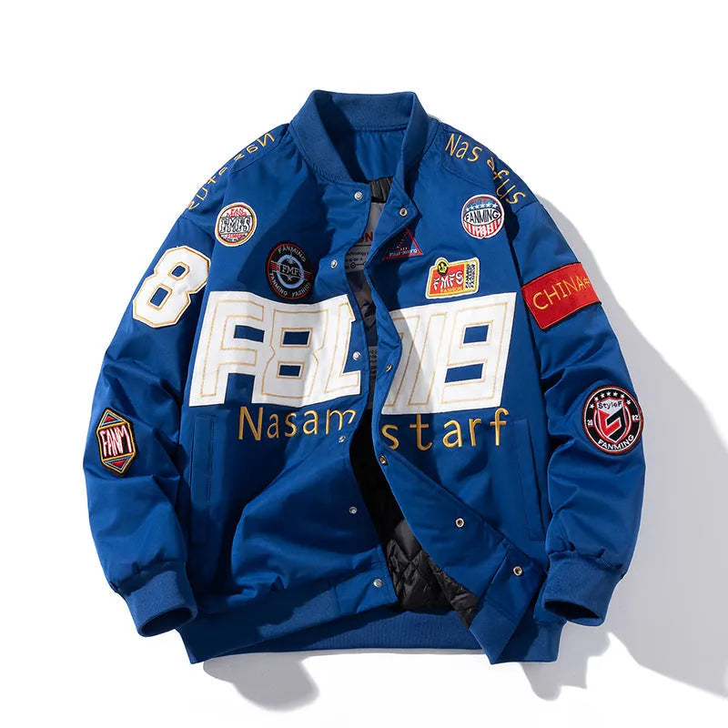 Black motorcycle baseball uniform jacket with removable hood shown in loose fit sizing