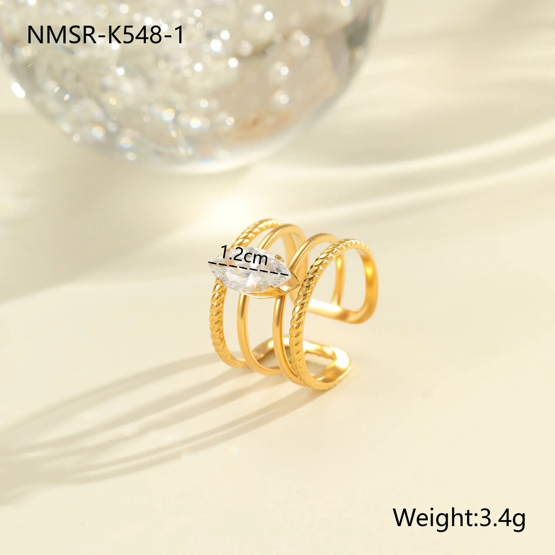 Gold electroplated stainless steel ring with zircon stones and open mouth adjustable design