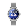 AK38 ladies smart watch with stainless steel Milanese band and 1.09-inch colour screen displayed on a wrist.
