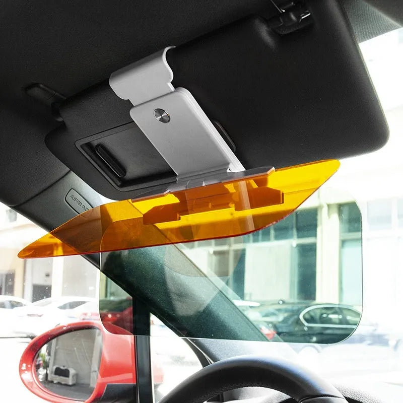 Anti-glare car sun visor with acrylic lens showing stretch, button and spring mounting options