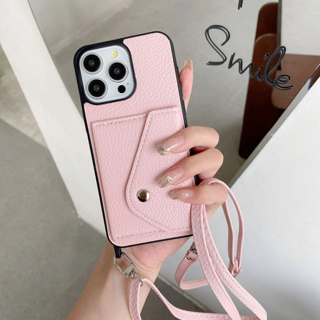 Lychee pattern crossbody phone case with card holder for iPhone 14