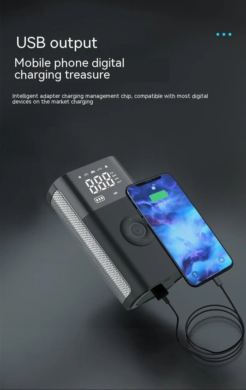 Wireless digital handheld tyre pump with LCD screen, black ABS body, and attached air hose with nozzles.