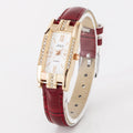 Women's rectangular quartz watch with small diamond on red PU strap, alloy case
