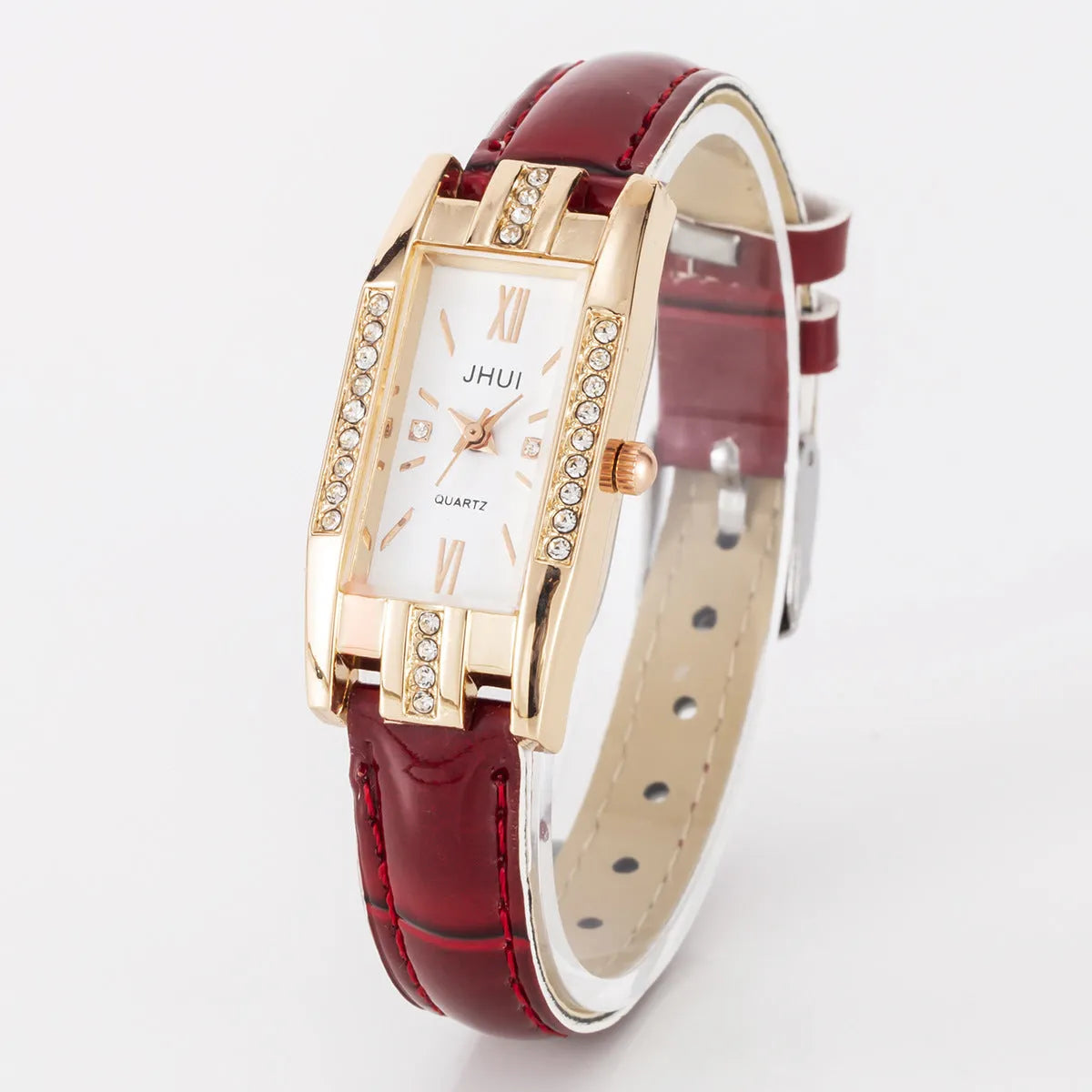 Women's rectangular quartz watch with small diamond on red PU strap, alloy case
