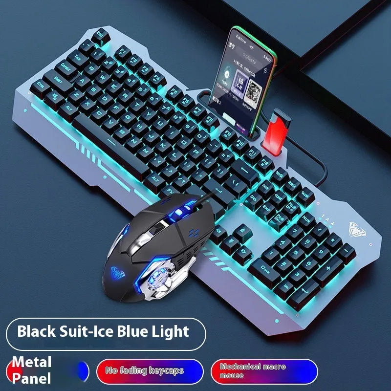 F3010 black and white metal gaming keyboard, mouse, and headset bundle with single-colour LED backlighting.