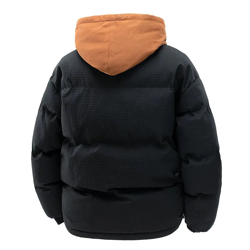 Men's loose hooded winter jacket in beige with side pockets and cardigan style