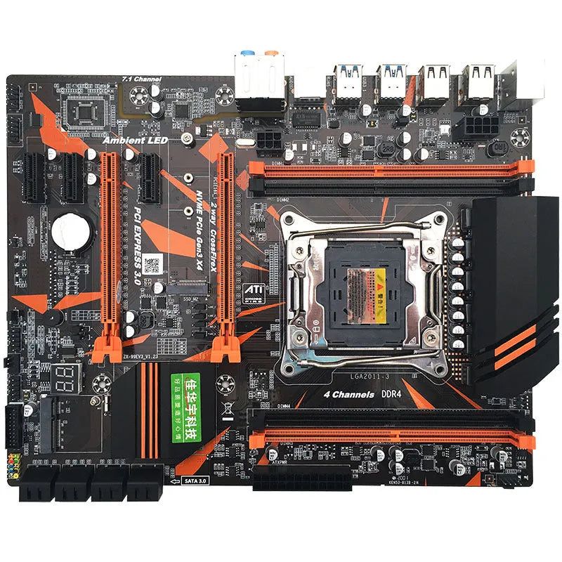 Black X99 chipset computer motherboard with LGA2011-3 socket, four DDR4 slots, PCIe slots, and M.2 connector