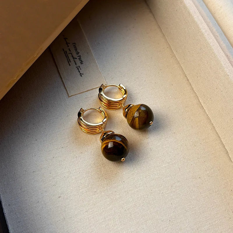 Geometric tigereye earrings with gold plating in French retro style, available in black and brown colours