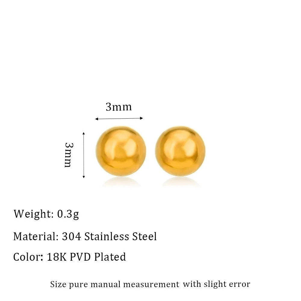 Minimalist stainless steel ball stud earrings in gold and silver tones, showing 3mm 4mm 5mm 6mm size difference.