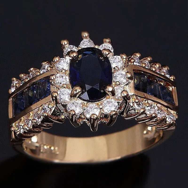 Three fashion ring designs: sunflower blue diamond, square blue zircon, and square purple zircon rings in zinc alloy
