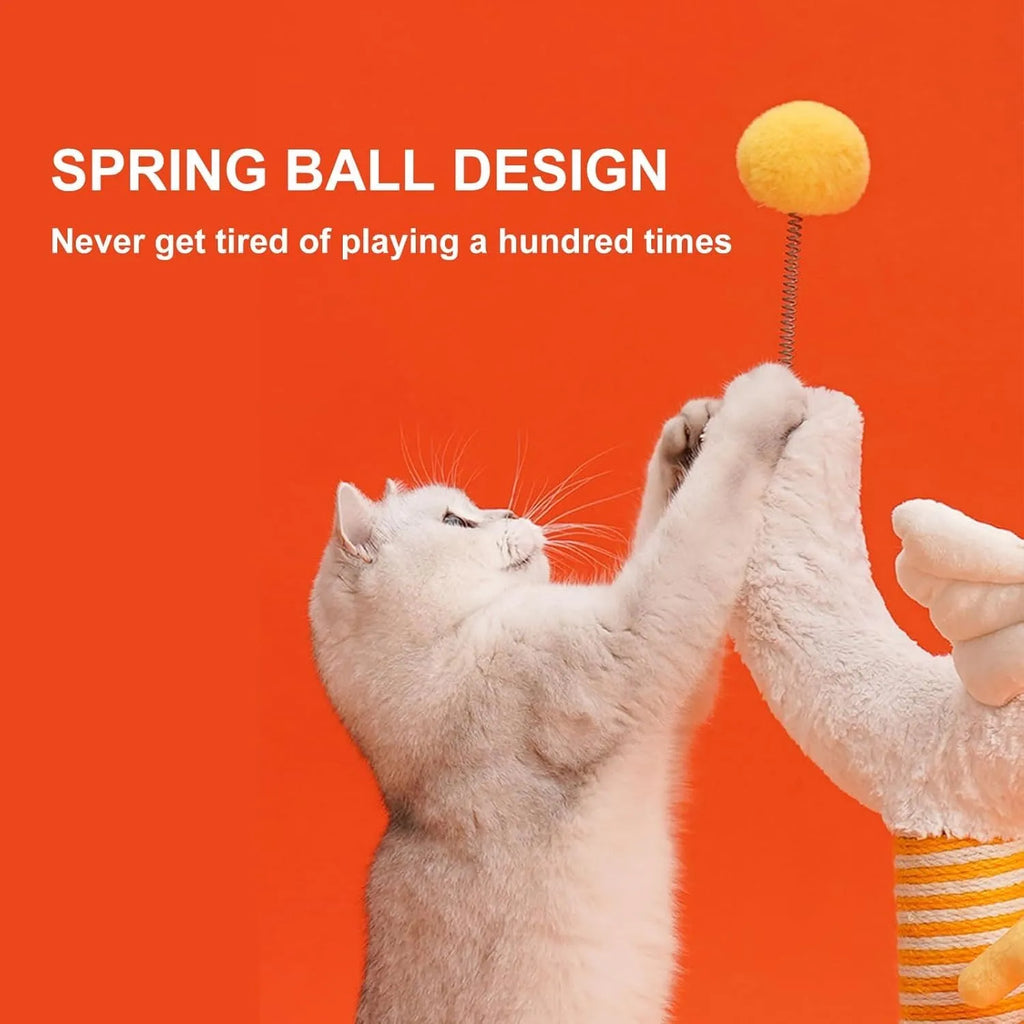 Yellow vertical sisal cat scratching post with chicken design, spring ball, and reinforced solid wood base