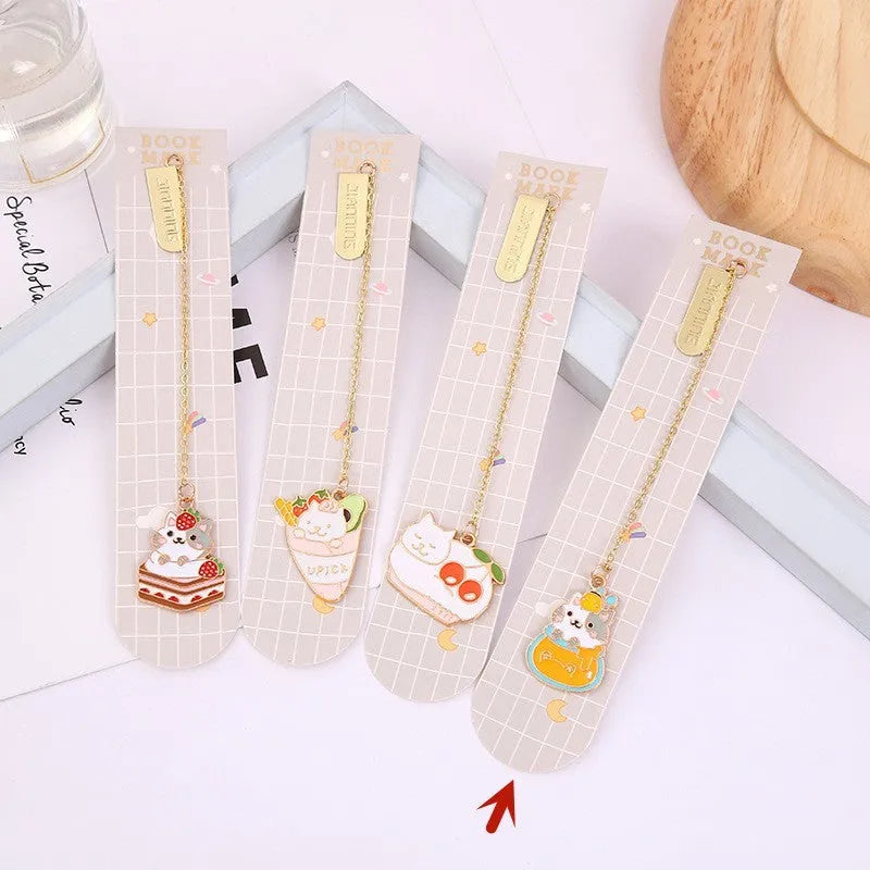 Jane Lime foodie cat metal bookmark with cartoon pendant in one of four food-themed designs