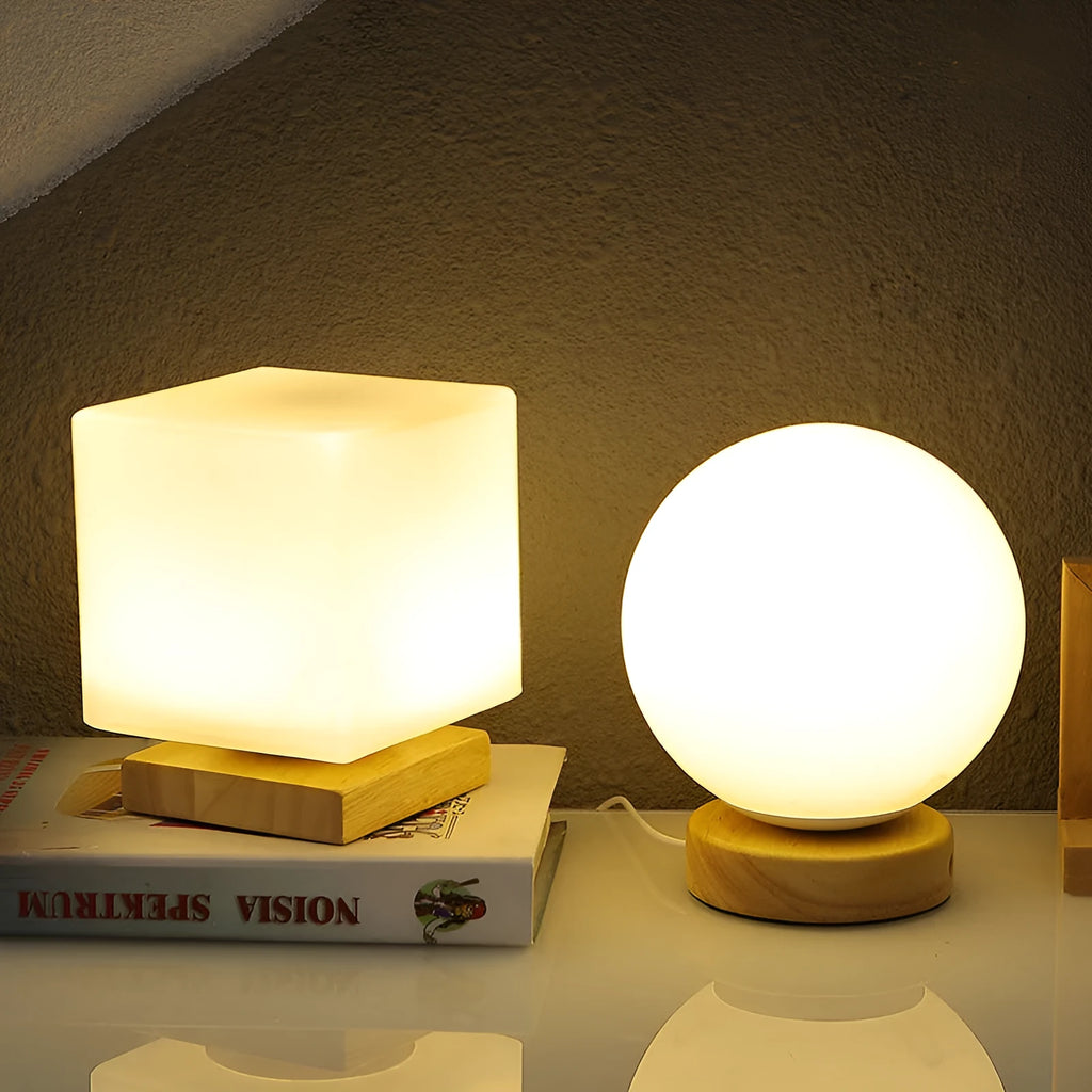 Nordic solid wood USB table lamp with flower shape and touch dimming controls