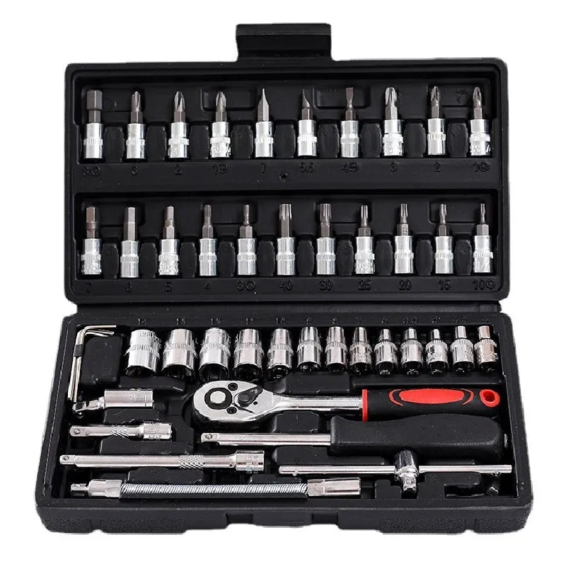 Chrome vanadium steel socket ratchet wrench set in a storage box for home and auto repair.
