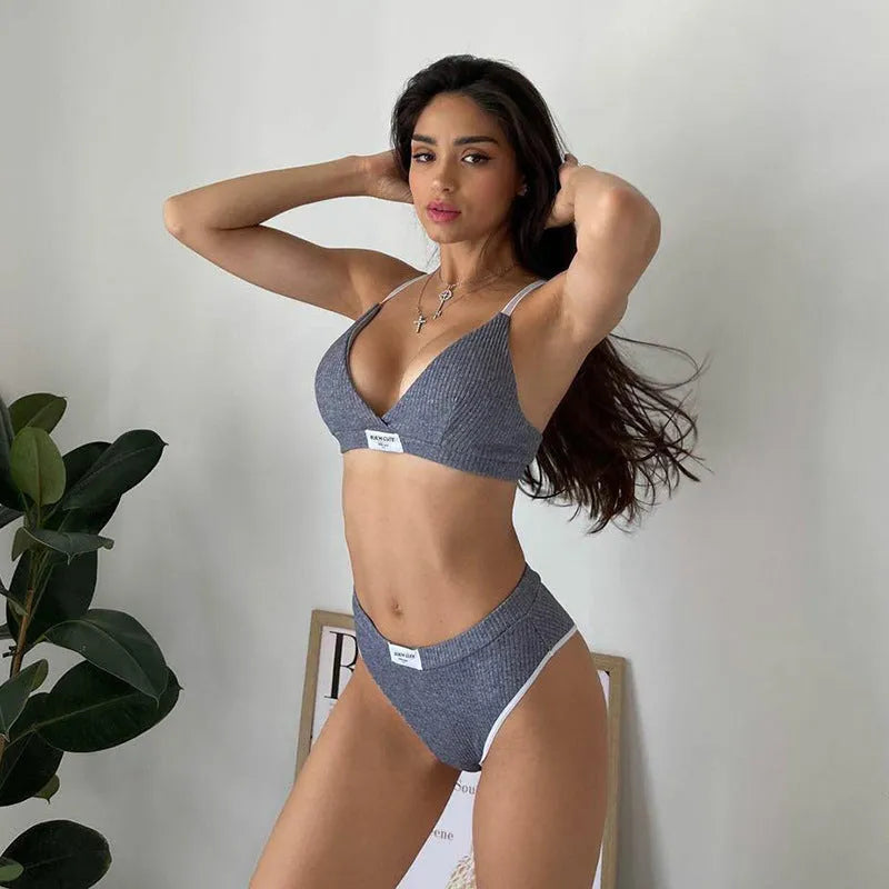 Women's grey polyester bikini set with embroidery decoration and contrast colour binding on shorts-length underwear