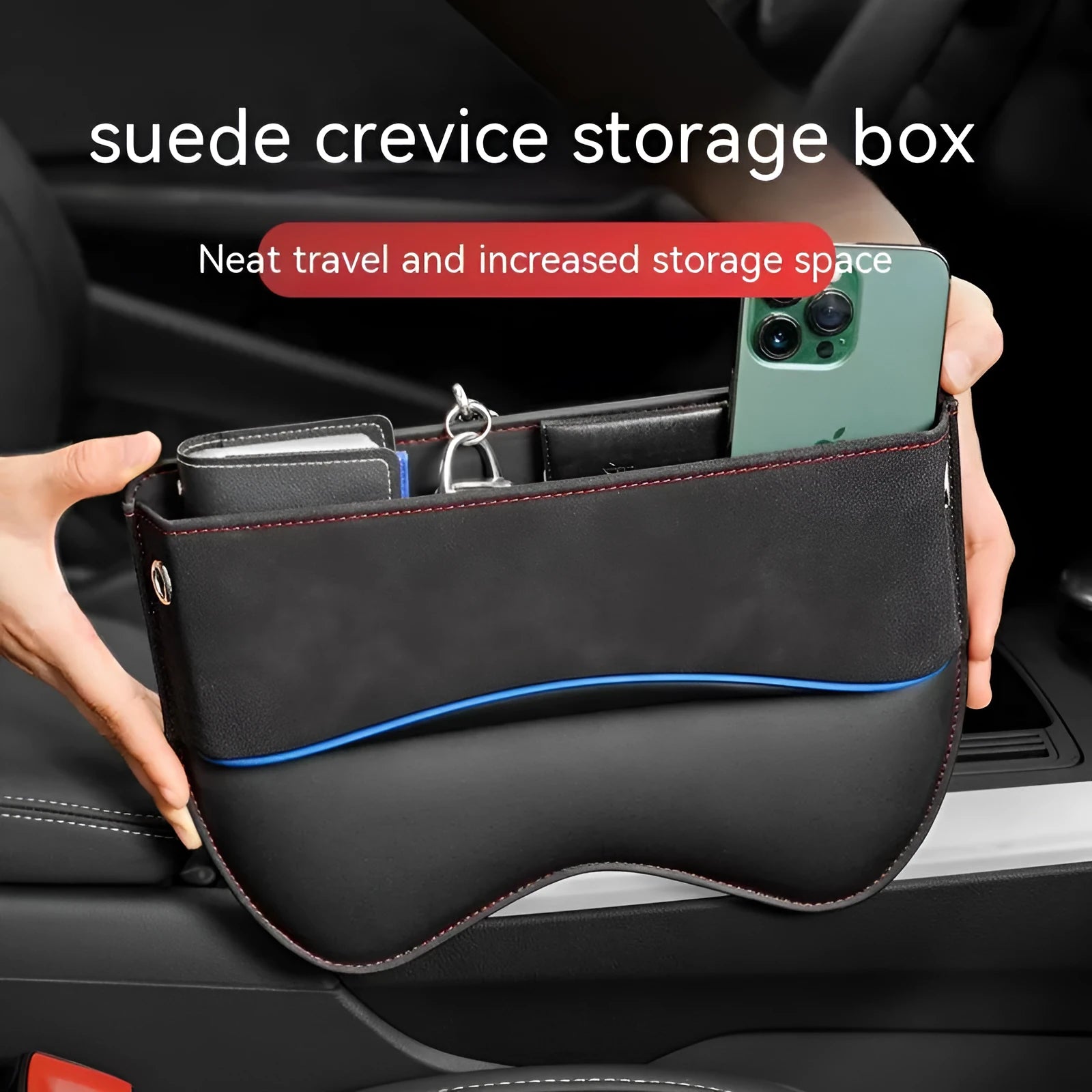 Leather car seat storage box in choice of colours for footwell organisation