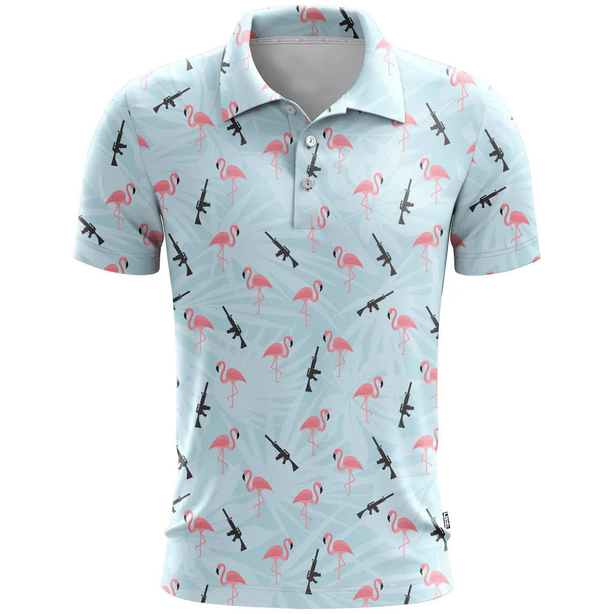 3D printed pattern sports short sleeve loose fit top in bird eye polyester fabric on a hanger.