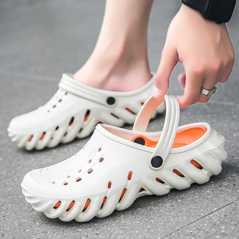 Men's beige EVA slipper sandals with hollow-out design and non-slip sole.