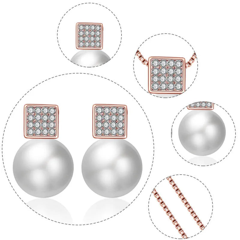 Versatile square pearl earring necklace jewellery set in rose gold with rhinestone cube details and box chain