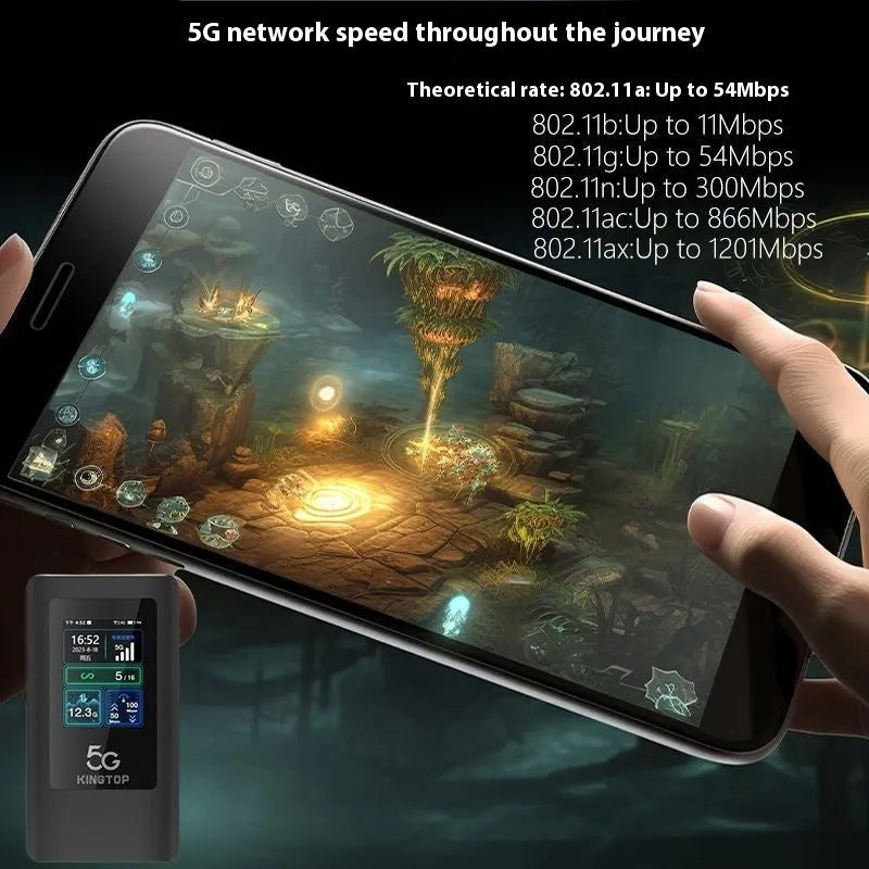 Black portable 5G Wi-Fi router with LCD display screen showing signal status.