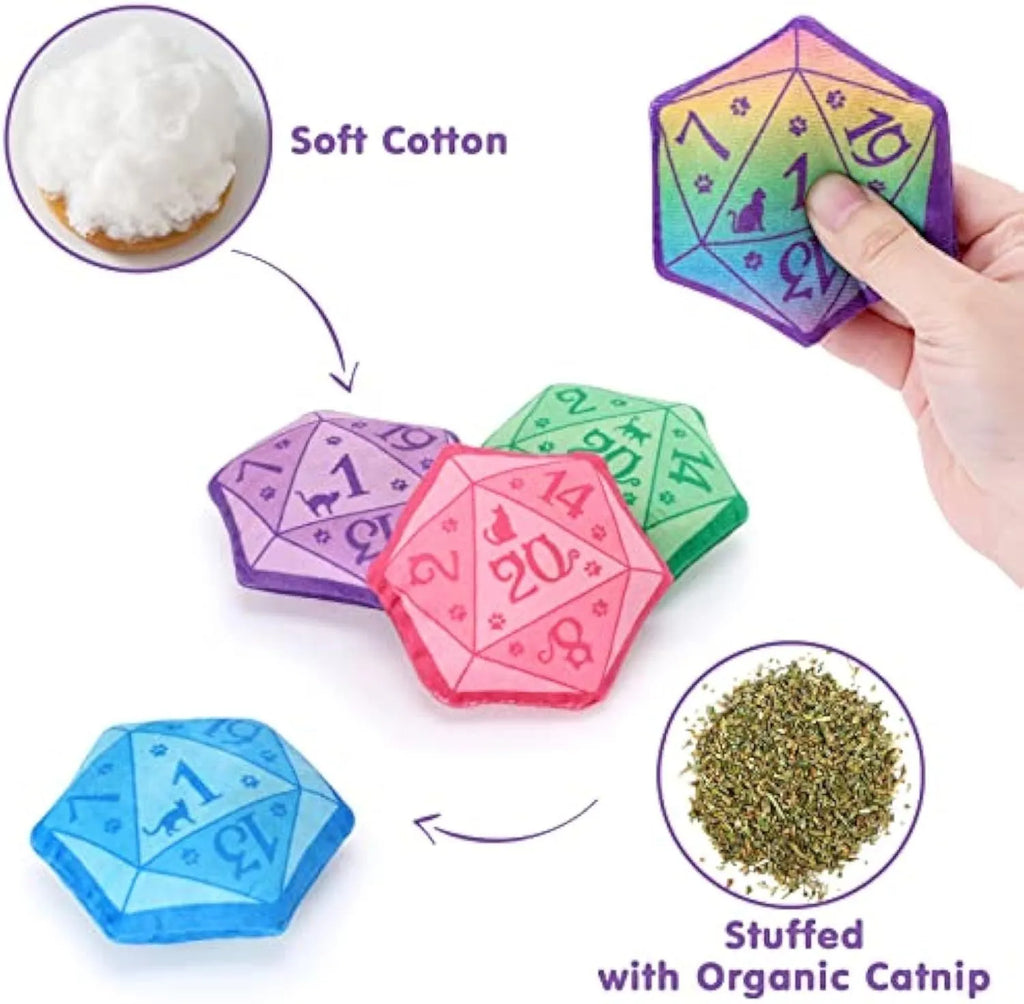 Dice-shaped plush catnip toy in various colours for DND tabletop game cat play