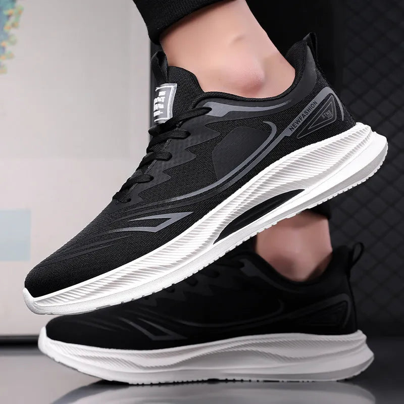 Men's black mesh casual shoes with rubber soles and platform heels
