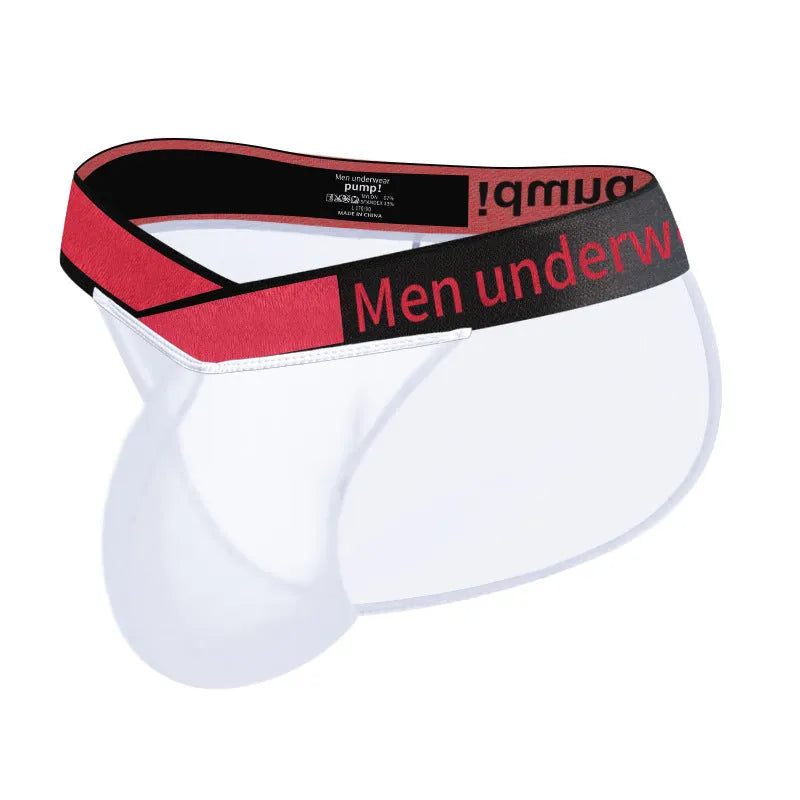 Men's transparent ice silk briefs with large V gradient high fork design in red, black and white colours