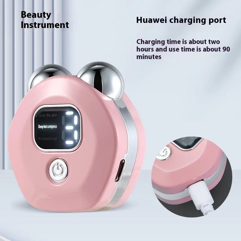 Portable hot compress and micro-current facial massage instrument in white, light blue, and pink colours with charging cable.
