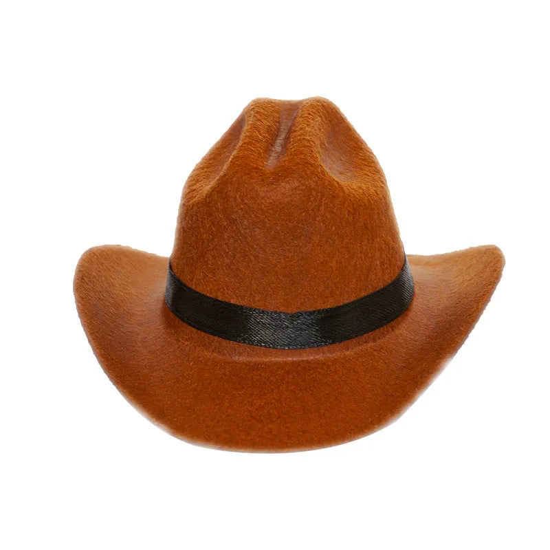British cowboy-style hat for a cat on a mannequin head, showing brown colour with a black ribbon trim.