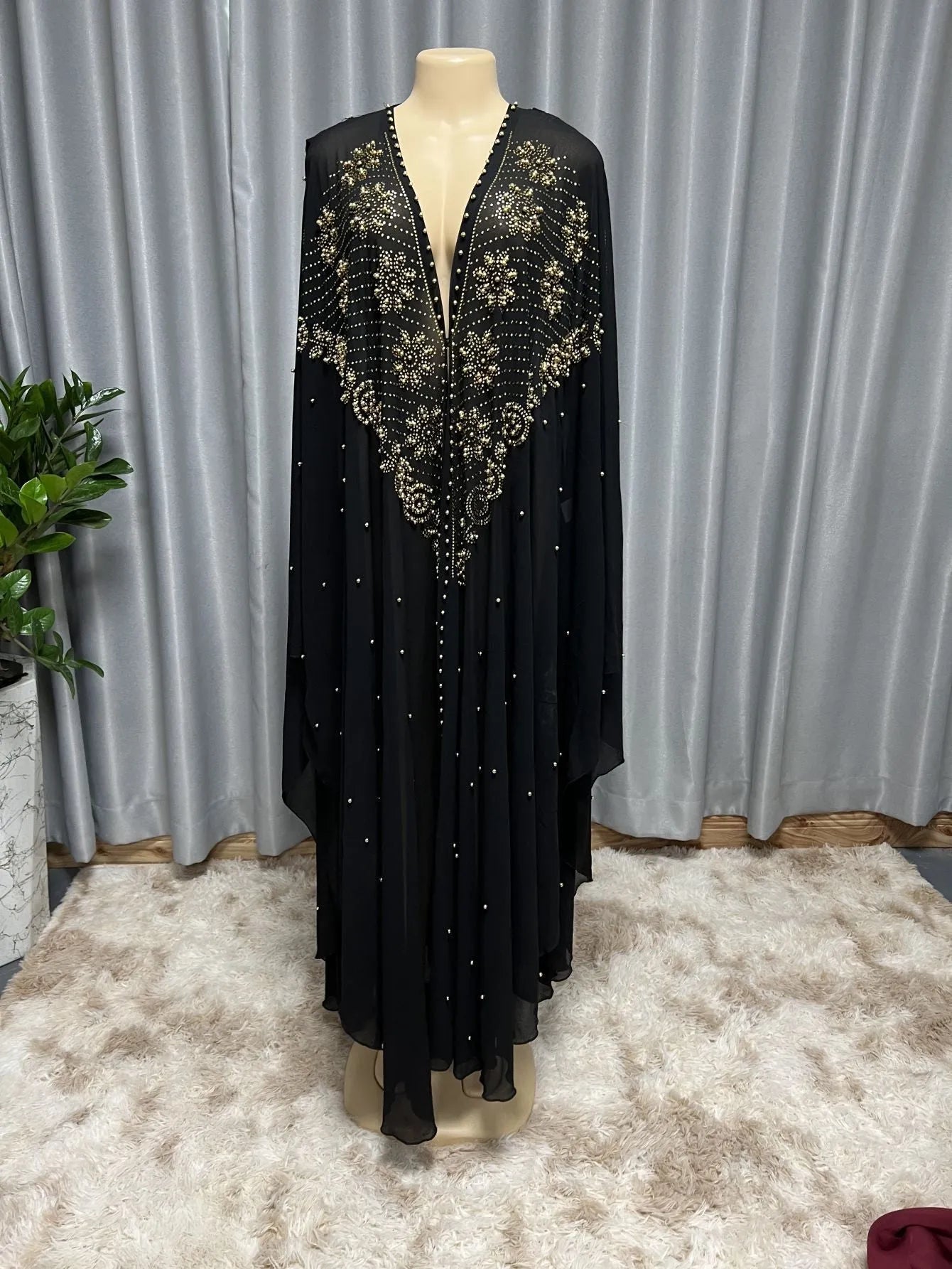 Purple chiffon cape shawl with rhinestone beading, shown draped, for women's modest wear