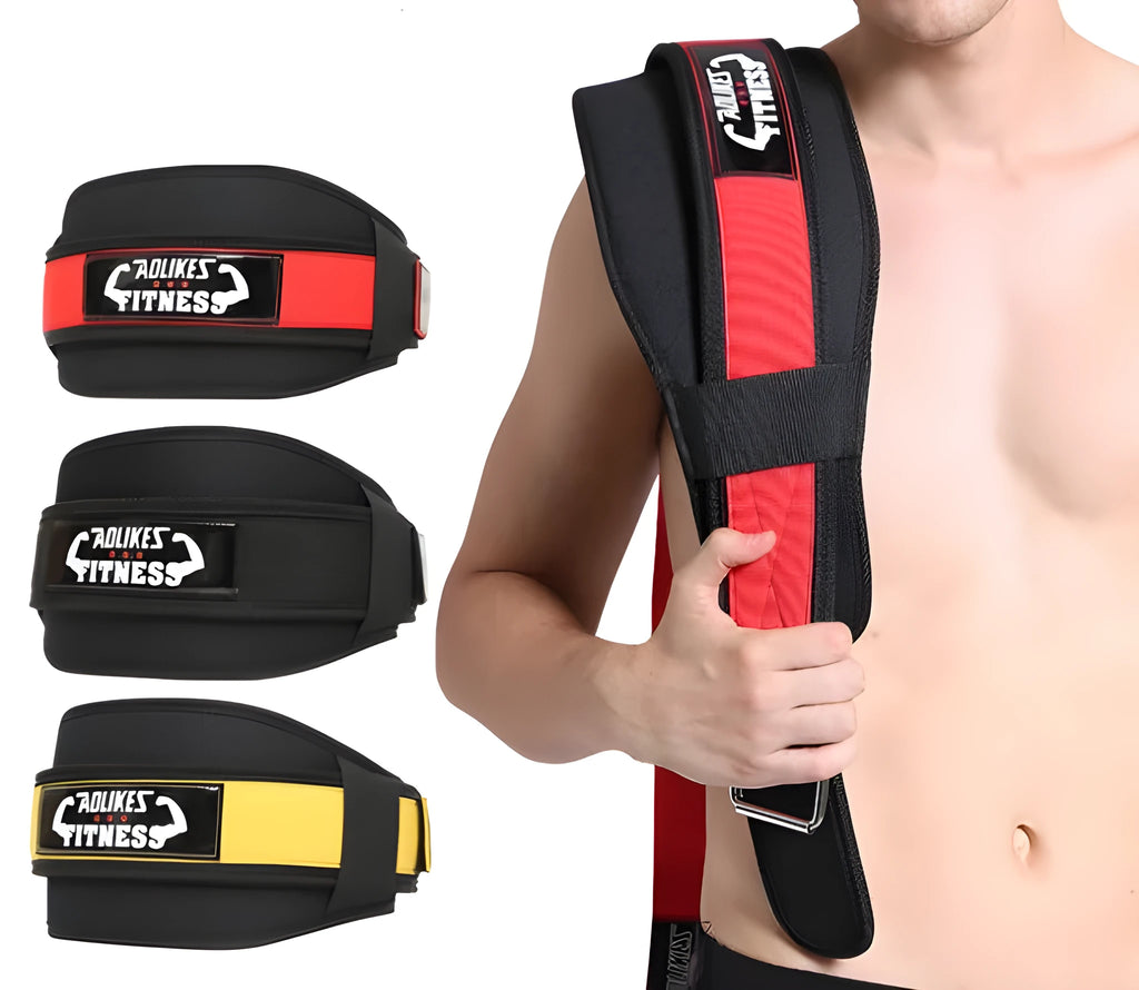 Nylon fitness weightlifting waistband in black, red, or yellow colours available in L, M, and XL sizes