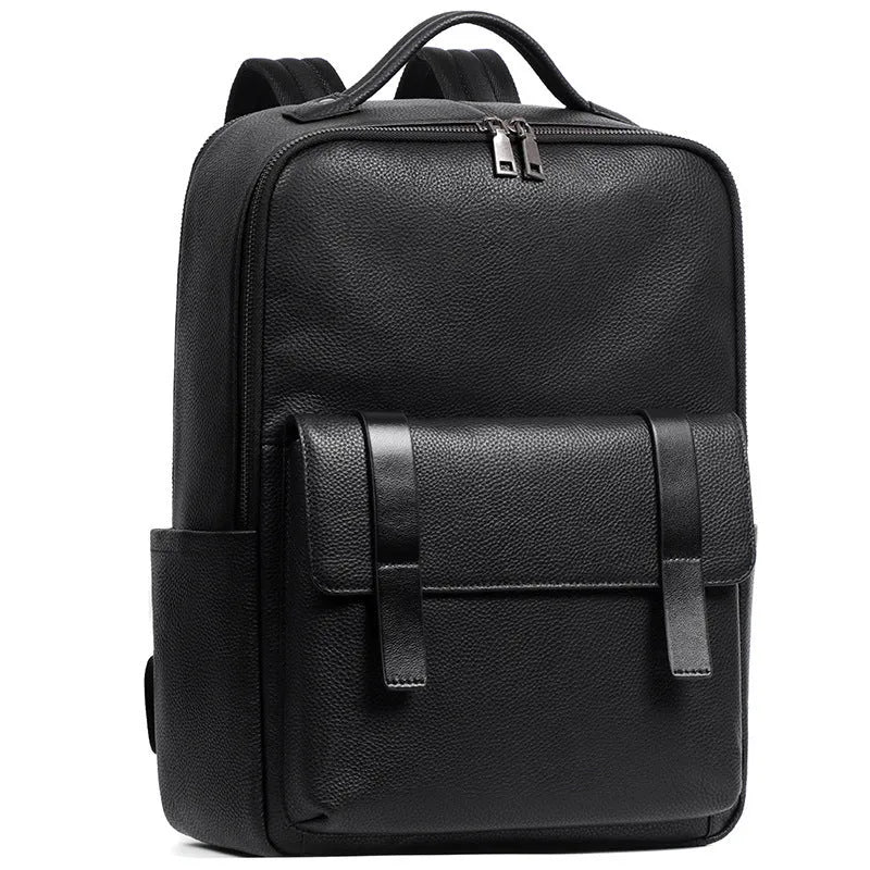 Black genuine leather men's computer backpack with woven details and ergonomic back plate