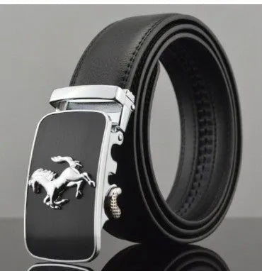 Men's leather belt with automatic buckle in cowhide, showing adjustable mechanism and pattern options