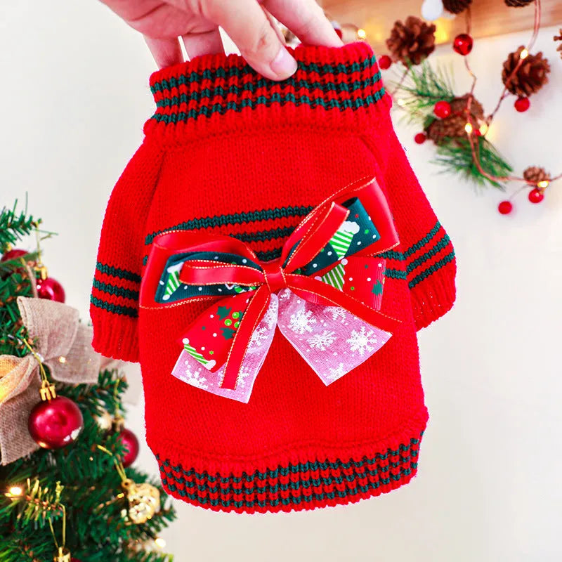 Red and green Christmas dog sweater for small pets with five size options from XS to XL