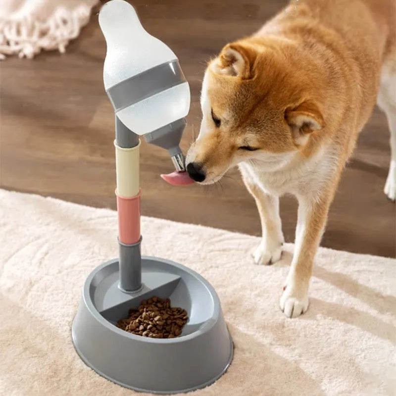 Green adjustable standing water dispenser for pets with a detachable bowl and pole.