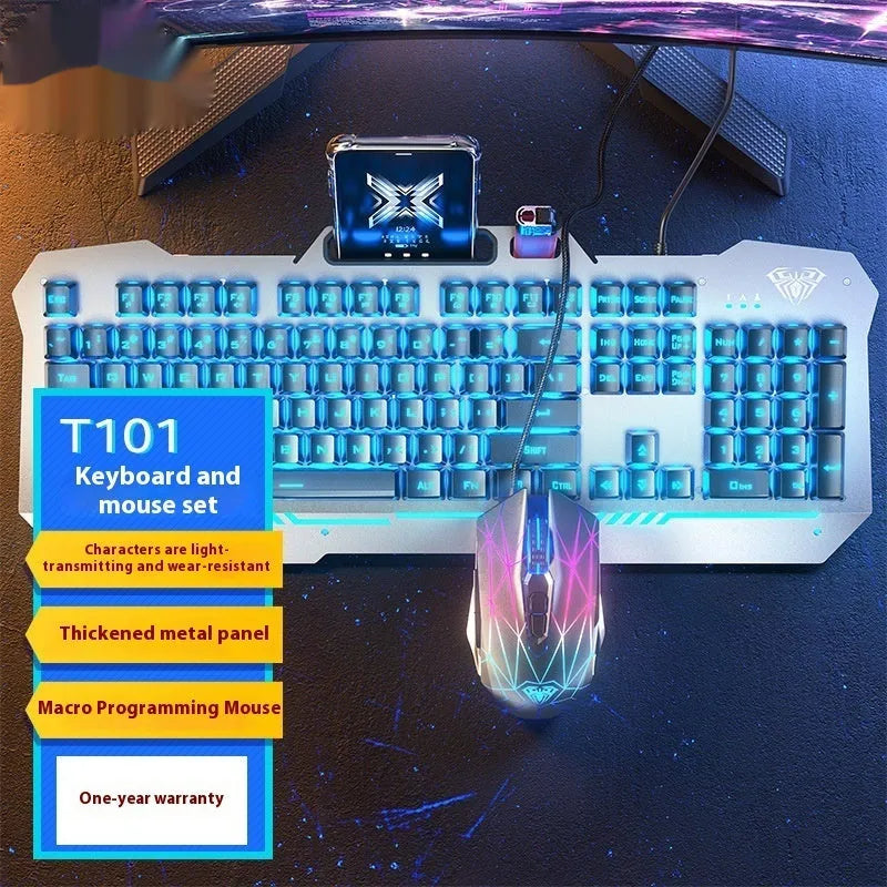 F3010 black and white metal gaming keyboard, mouse, and headset bundle with single-colour LED backlighting.