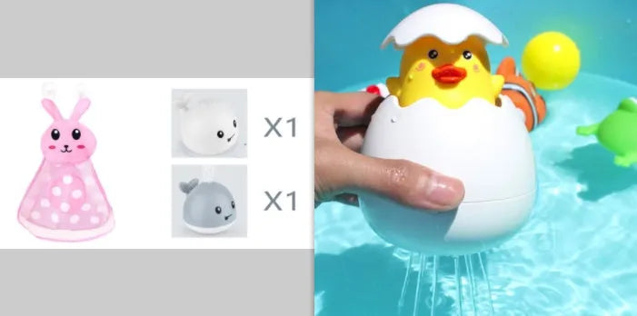 Whale-shaped electric bath toy spraying water with flashing lights, on a blue base.