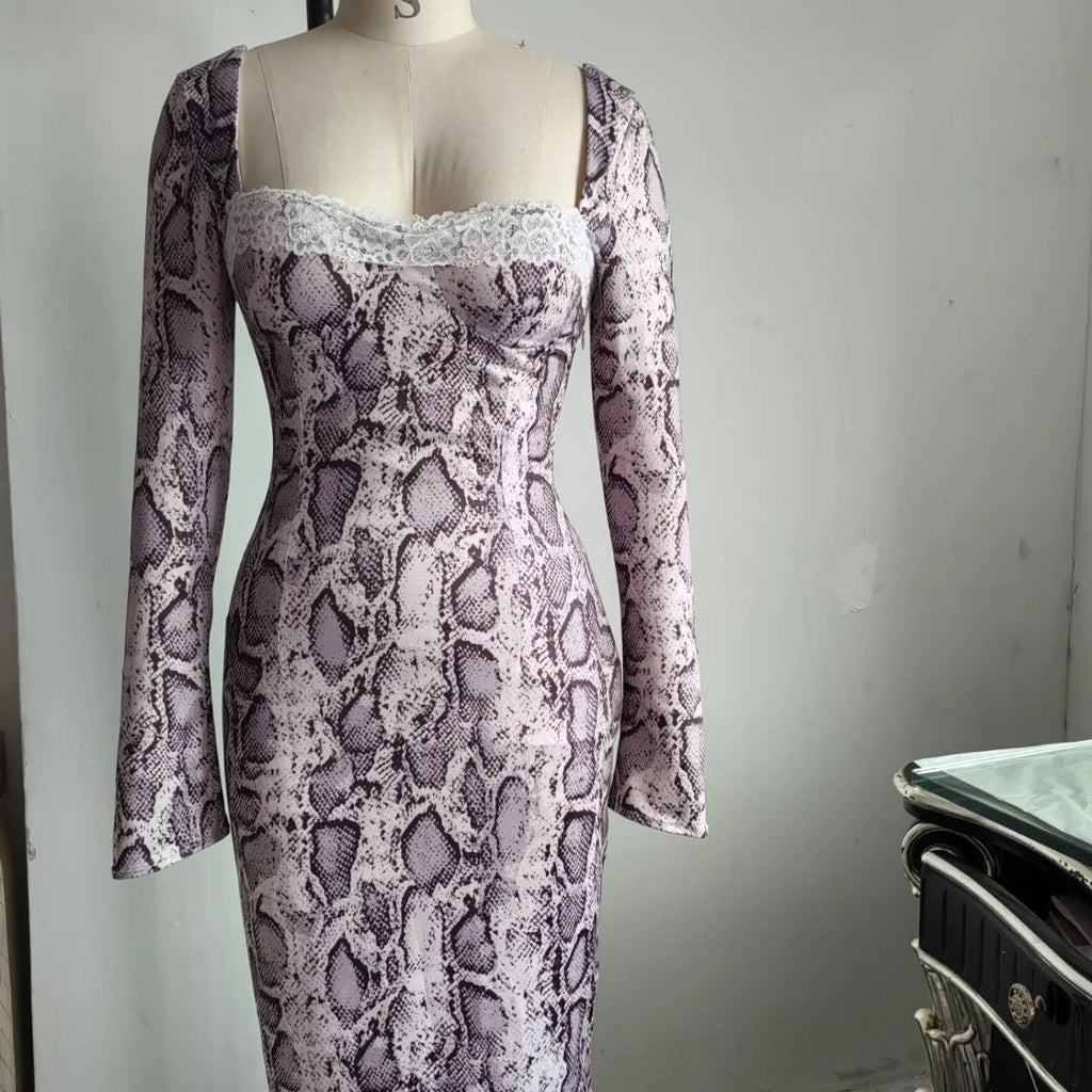 Grey digital printed lace dress with 3D effect pattern and slim fit A-line silhouette