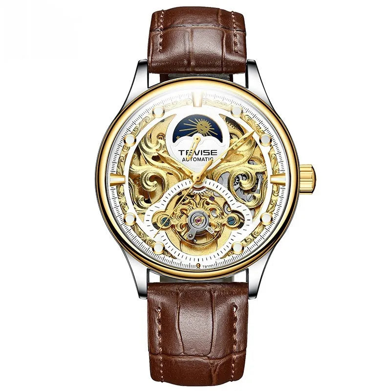 Men's automatic waterproof watch with leather strap in gold or white options, 16mm thickness case