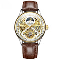 Men's automatic waterproof watch with leather strap in gold or white options, 16mm thickness case