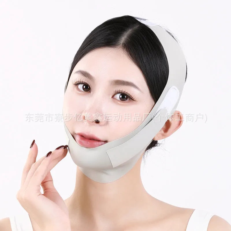 Purple and green V face shaping mask with anti-sagging bandage for facial lifting and tightening