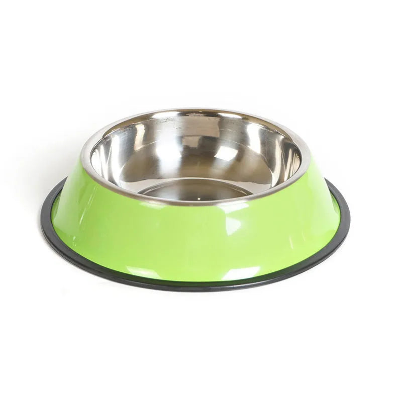 Stainless steel pet bowl inside colourful melamine pot with non-slip base