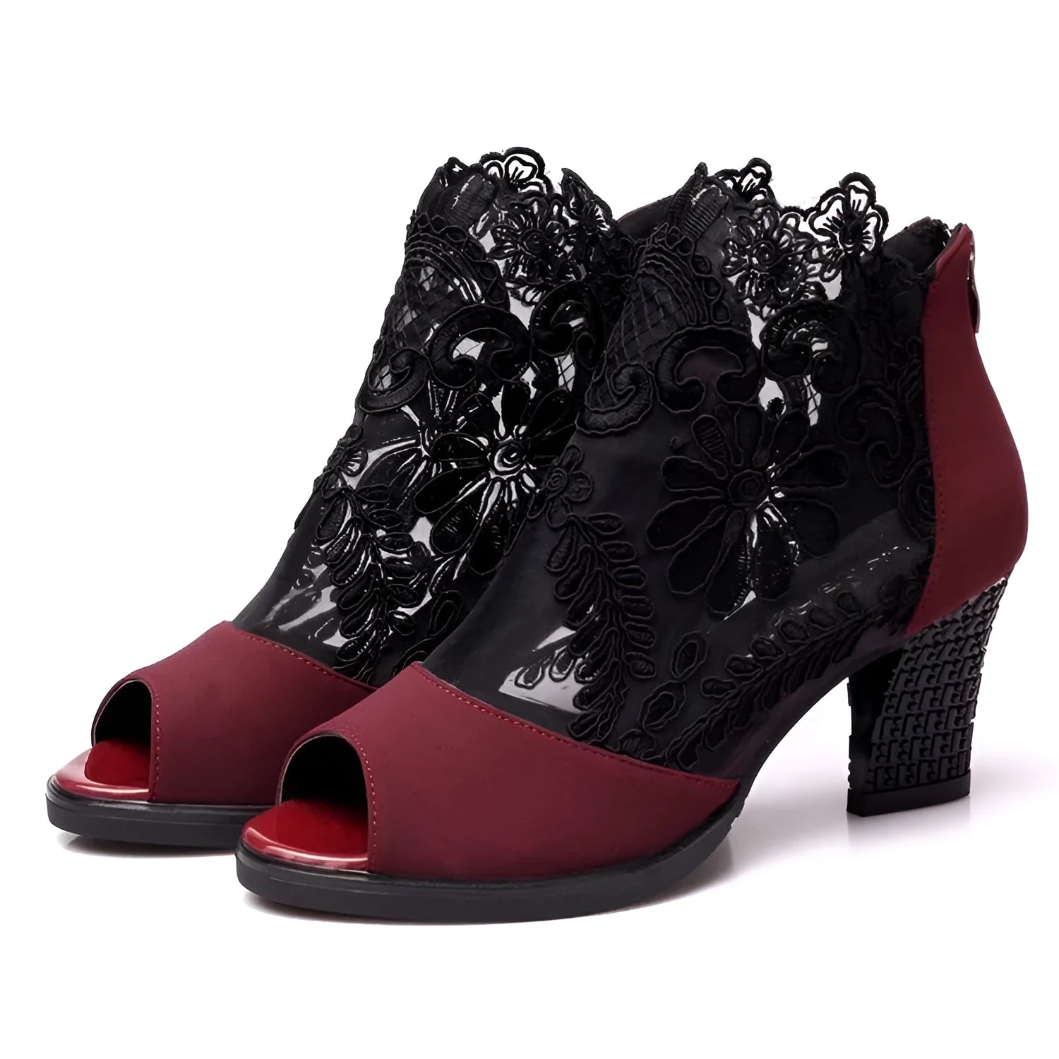Women's black lace gladiator sandals with square heel and zip closure showing floral patterns